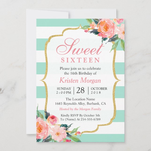 Sweet 16 Birthday | Mint Green Stripes Pink Floral Invitation (Front)