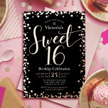 Sweet 16 Birthday Modern Glam Black Real Rose Gold<br><div class="desc">“Happy Sweet 16”. Send out this stunning, sparkly, girly, festive, modern, personalised party invitation for an event to remember. Real rose gold foil script typography and confetti overlay a black background. A brushed faux rose gold foil background is on the back. Personalise the custom text with your daughter’s name as...</div>