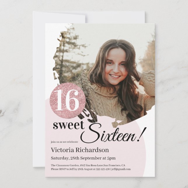 Sweet 16 Birthday Modern Pink Glitter Custom Photo Invitation (Front)