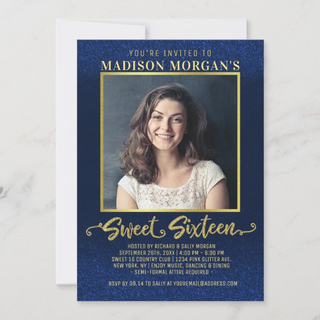 Sweet 16 Birthday Navy Blue Gold Glitter Photo Invitation (Front)