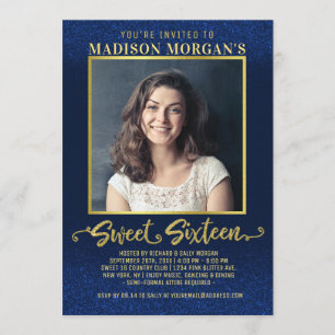 Sweet 16 Birthday Navy Blue Gold Glitter Photo Invitation