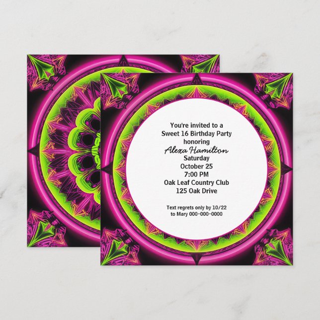 Sweet 16 Birthday Neon Kaleidoscope  Invitation (Front/Back)