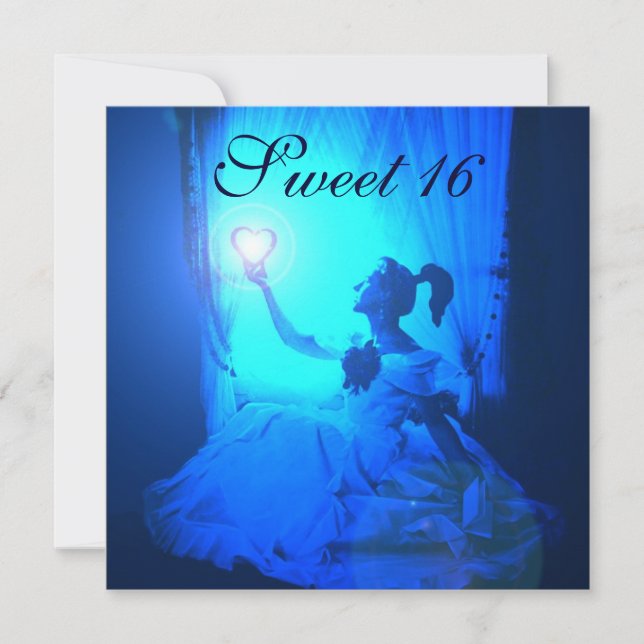 SWEET 16 BIRTHDAY PARTY,AQUA BLUE BLACK DAMASK INVITATION (Front)