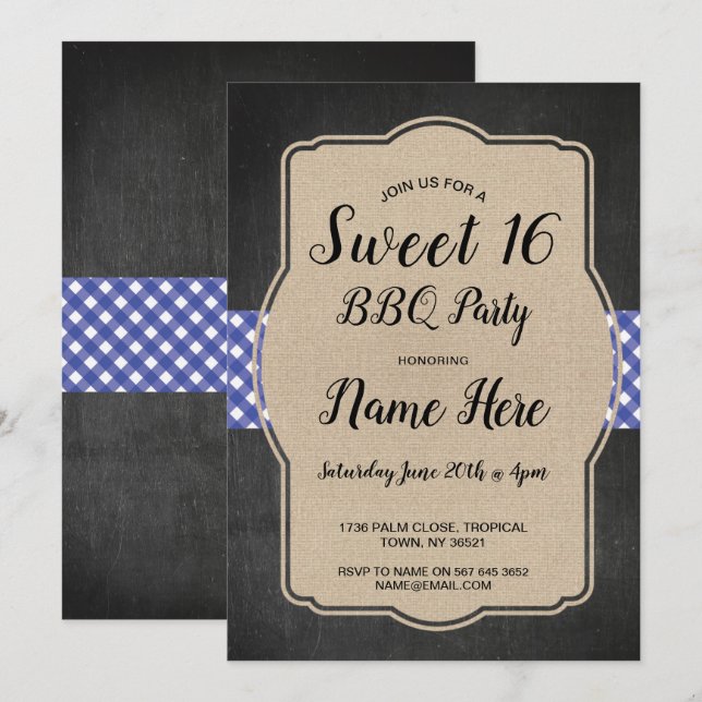 Sweet 16 Birthday Party BBQ Blue Gingham Burlap Invitation (Front/Back)