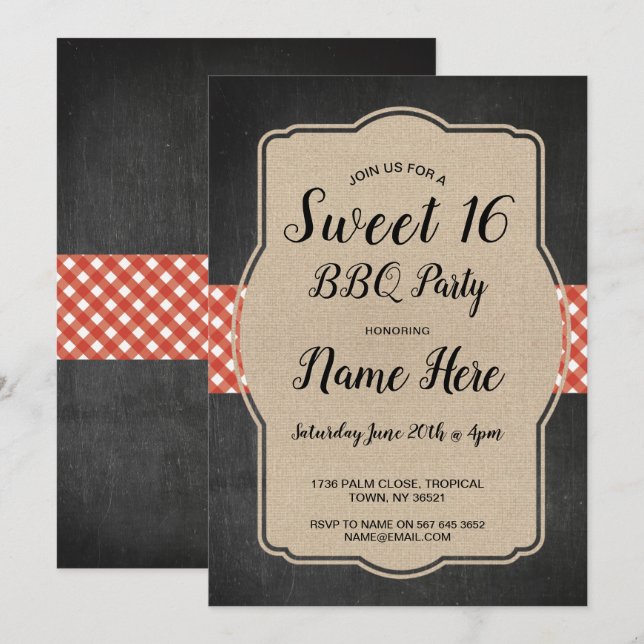 Sweet 16 Birthday Party BBQ Red Gingham Burlap Invitation (Front/Back)