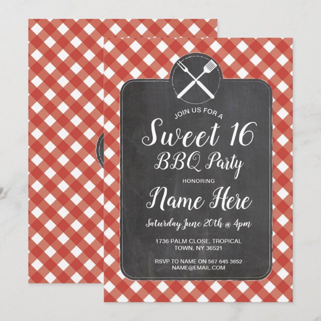 Sweet 16 Birthday Party BBQ Red Gingham Chalk Invitation (Front/Back)