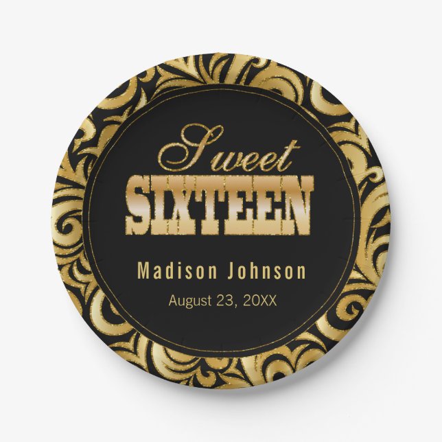 Sweet 16 Birthday Party - Black and Gold Paper Plate (Front)