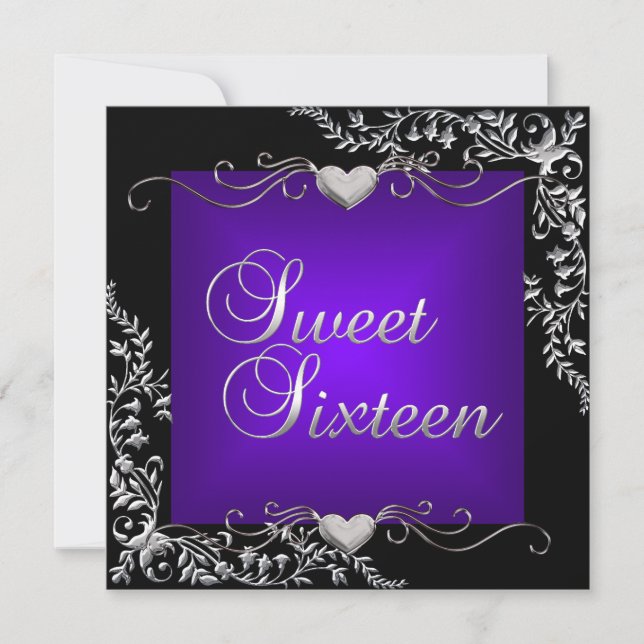 Sweet 16 Birthday Party Black Bright Deep Purple Invitation (Front)