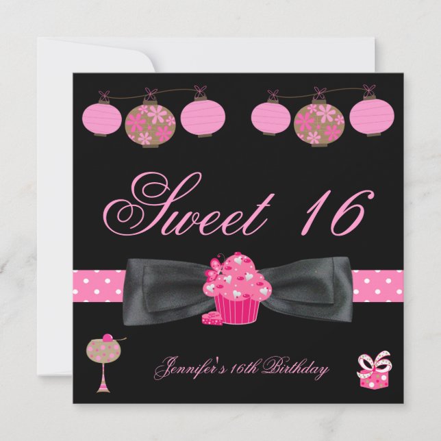 Sweet 16 Birthday Party Black Pink White Spot 4 Invitation (Front)