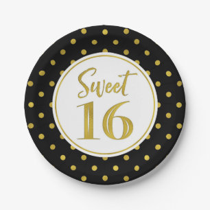Sweet 16 Birthday Party Black White Gold Dots Paper Plate