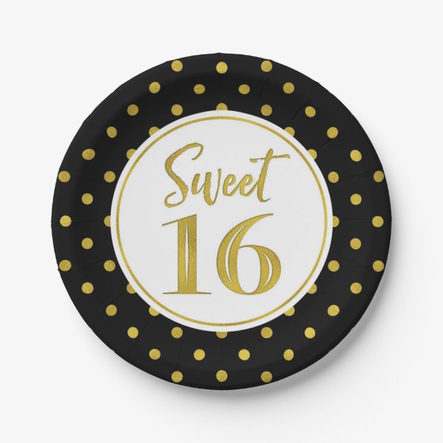 Sweet 16 Birthday Party Black White Gold Dots Paper Plate (Front)