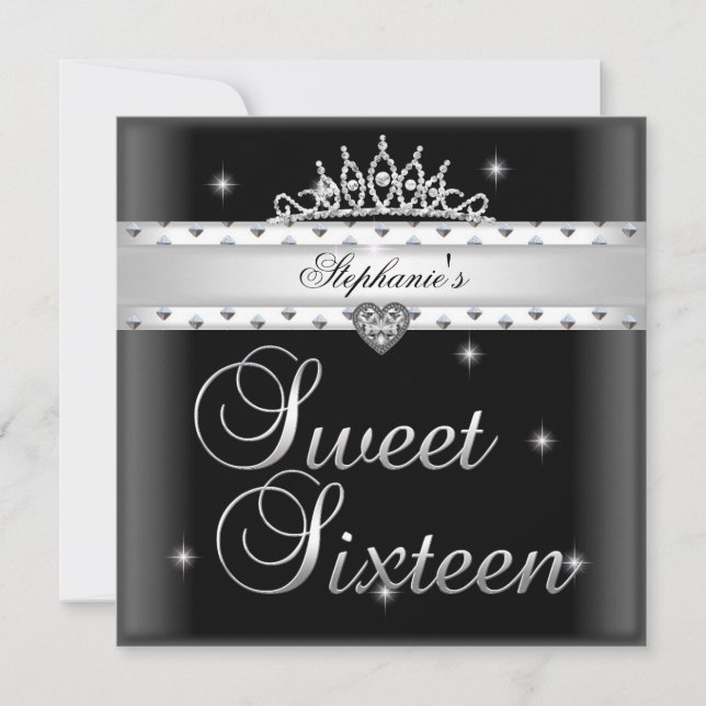 Sweet 16 Birthday Party Black White Tiara Invitation (Front)