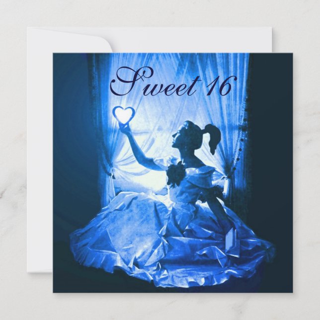 SWEET 16 BIRTHDAY PARTY, BLUE  BLACK WHITE DAMASK INVITATION (Front)