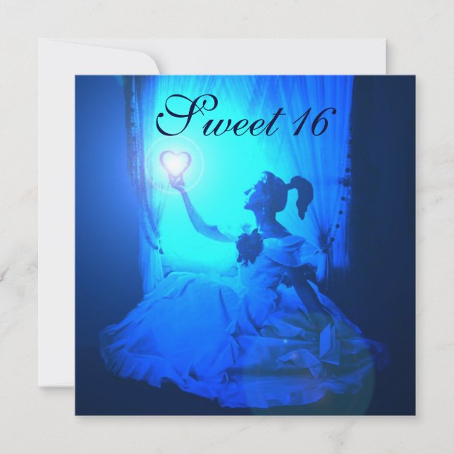 SWEET 16 BIRTHDAY PARTY, BLUE  BLACK WHITE DAMASK INVITATION (Front)