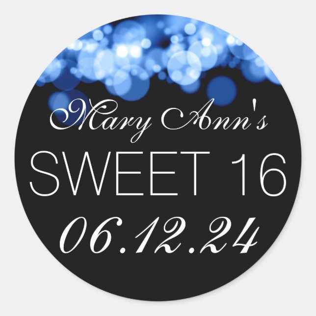 Sweet 16 Birthday Party Blue Bokeh Lights Classic Round Sticker (Front)