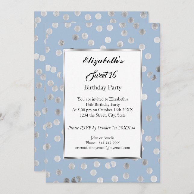 Sweet 16 Birthday Party Blue Party Silver Bubbles Invitation (Front/Back)