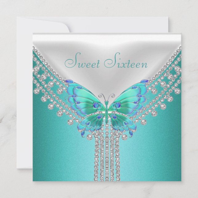 Sweet 16 Birthday Party Blue Teal White Butterfly Invitation (Front)