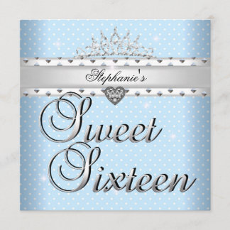 Sweet 16 Birthday Party Blue White Spots Tiara Invitation