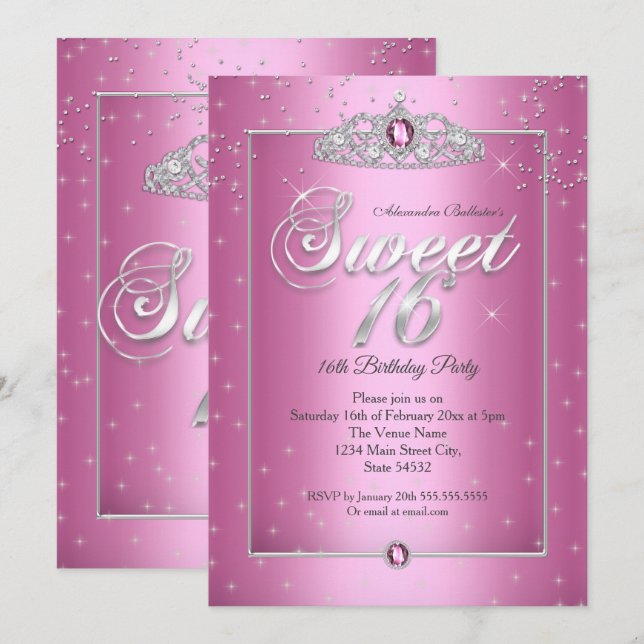 Sweet 16 Birthday Party Candy Pink Diamond Tiara  Invitation (Front/Back)
