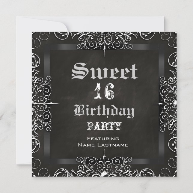 Sweet 16 Birthday Party Chalkboard Black Antique Invitation (Front)