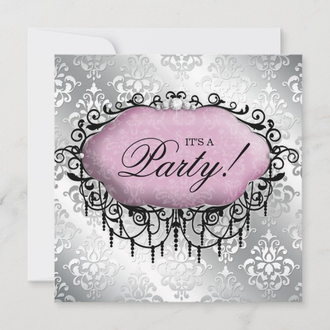 Sweet 16 Birthday Party Cool Damask Pink Silver Invitation (Front)
