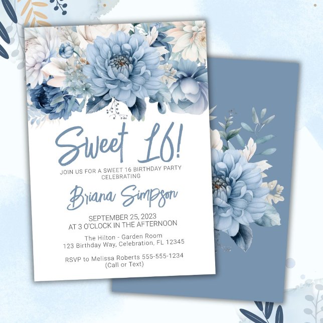 Sweet 16 Birthday Party Dusty Blue Floral Invitation (Creator Uploaded)