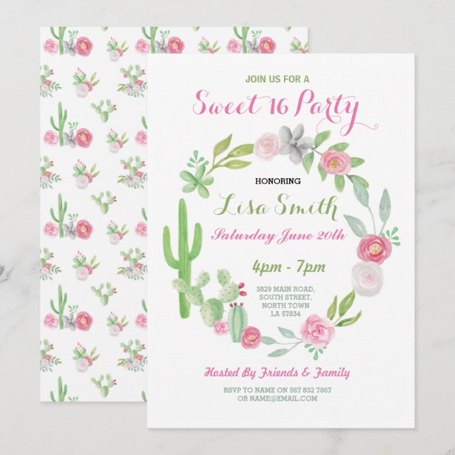 Sweet 16 Birthday Party Fiesta Cactus Invitation (Front/Back)