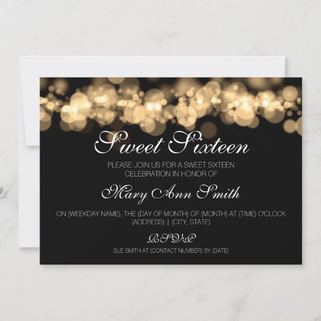 Sweet 16 Birthday Party Gold Bokeh Lights Invitation (Front)