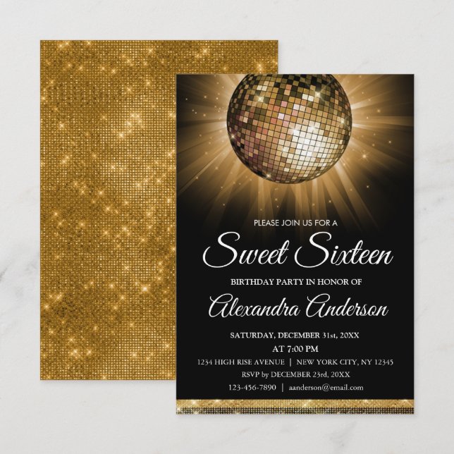 Sweet 16 Birthday Party Gold Disco Ball Invitation (Front/Back)
