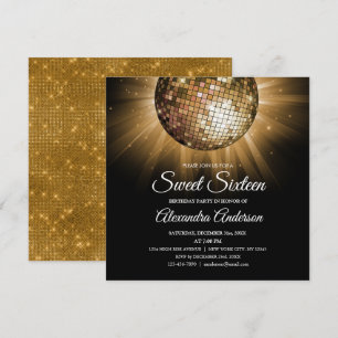 Sweet 16 Birthday Party Gold Disco Ball Invitation