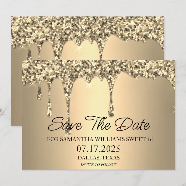 Sweet 16 Birthday Party Gold Sparkle Glitter Drips Save The Date (Front/Back)