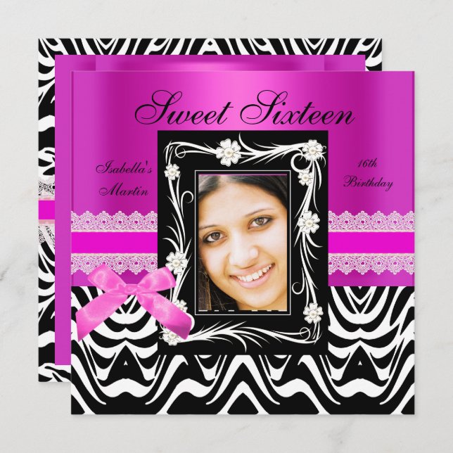 Sweet 16 Birthday Party Hot Pink Black Zebra Invitation (Front/Back)