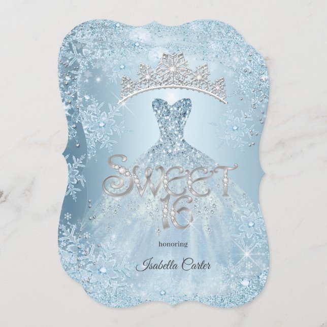 Sweet 16 Birthday Party Icy Blue Snowflake Winter Invitation (Front/Back)
