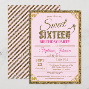 Sweet 16 birthday party invitation pink and gold