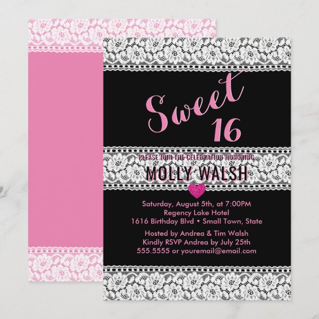 Sweet 16 Birthday Party Lace Black Pink Heart Invitation (Front/Back)