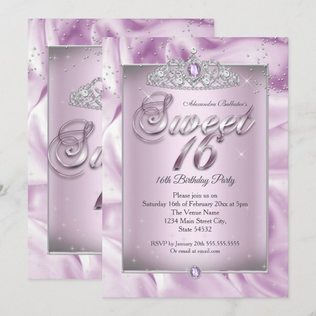 Sweet 16 Birthday Party Lilac Purple Diamond Tiara Invitation (Front/Back)