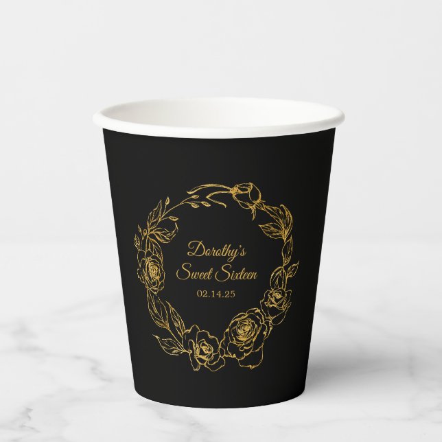 Sweet 16 Birthday Party Luxe Gold Rose Black Paper Cups (Front)