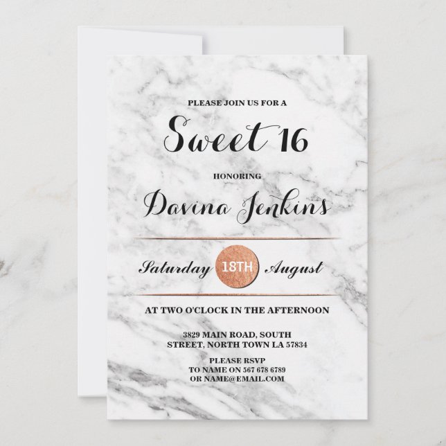 Sweet 16 Birthday Party Marble Rose Gold Invite 18 (Front)