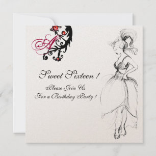 SWEET 16 BIRTHDAY PARTY MONOGRAM Red Black Swirls Invitation