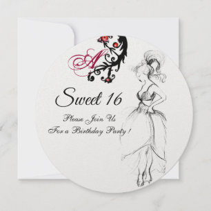 SWEET 16 BIRTHDAY PARTY MONOGRAM Red Black Swirls Invitation