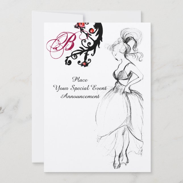 SWEET 16 BIRTHDAY PARTY MONOGRAM Red Black Swirls Invitation (Front)