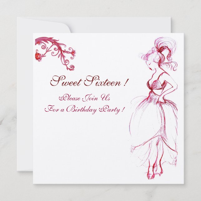 SWEET 16 BIRTHDAY PARTY MONOGRAM Red Pink Swirls Invitation (Front)