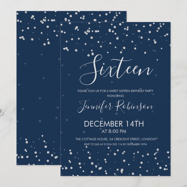 Sweet 16 Birthday Party Navy Silver Foil Dots Invitation (Front/Back)