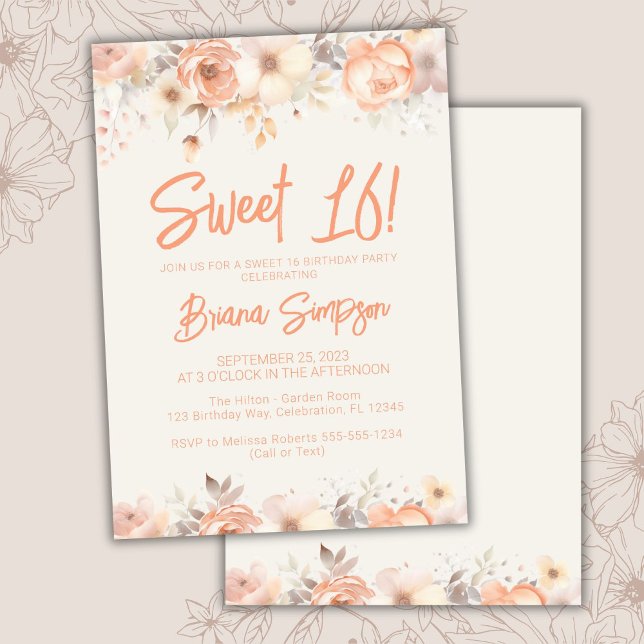 Sweet 16 Birthday Party Peach Beige Ivory Floral Invitation (Creator Uploaded)