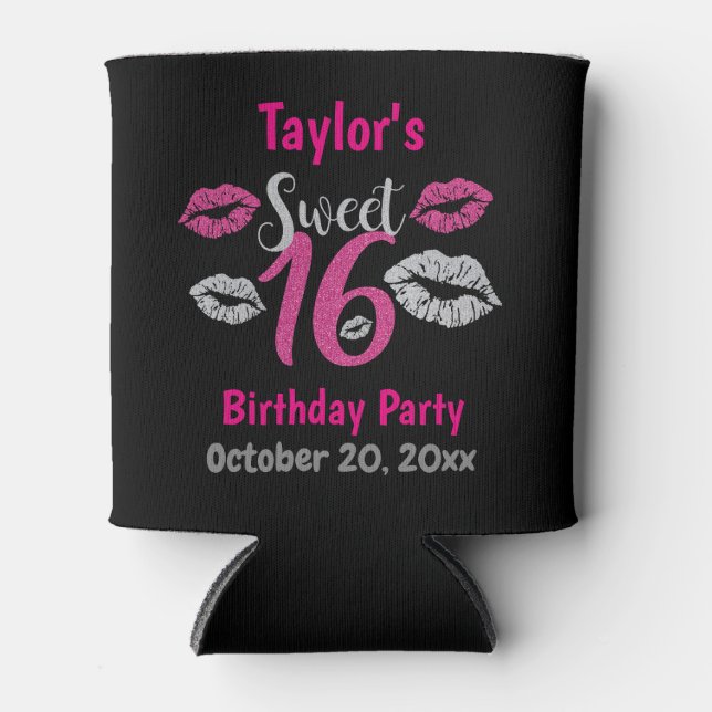 Sweet 16 Birthday Party Pink Black Glitter Sparkle Can Cooler (Front)