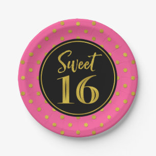 Sweet 16 Birthday Party Pink Black Gold Dots Paper Plate