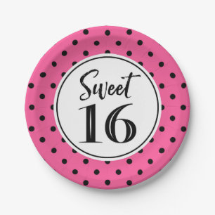 Sweet 16 Birthday Party Pink Black White Dots Paper Plate