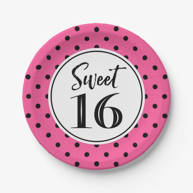 Sweet 16 Birthday Party Pink Black White Dots Paper Plate (Front)