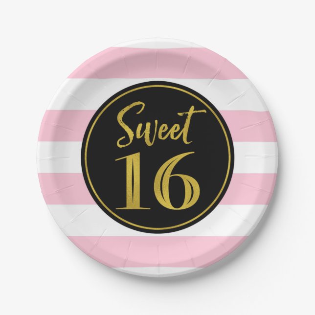 Sweet 16 Birthday Party Pink Black White Stripes P Paper Plate (Front)