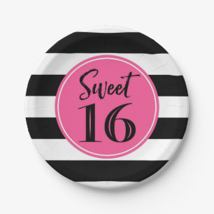 Sweet 16 Birthday Party Pink Black White Stripes Paper Plate